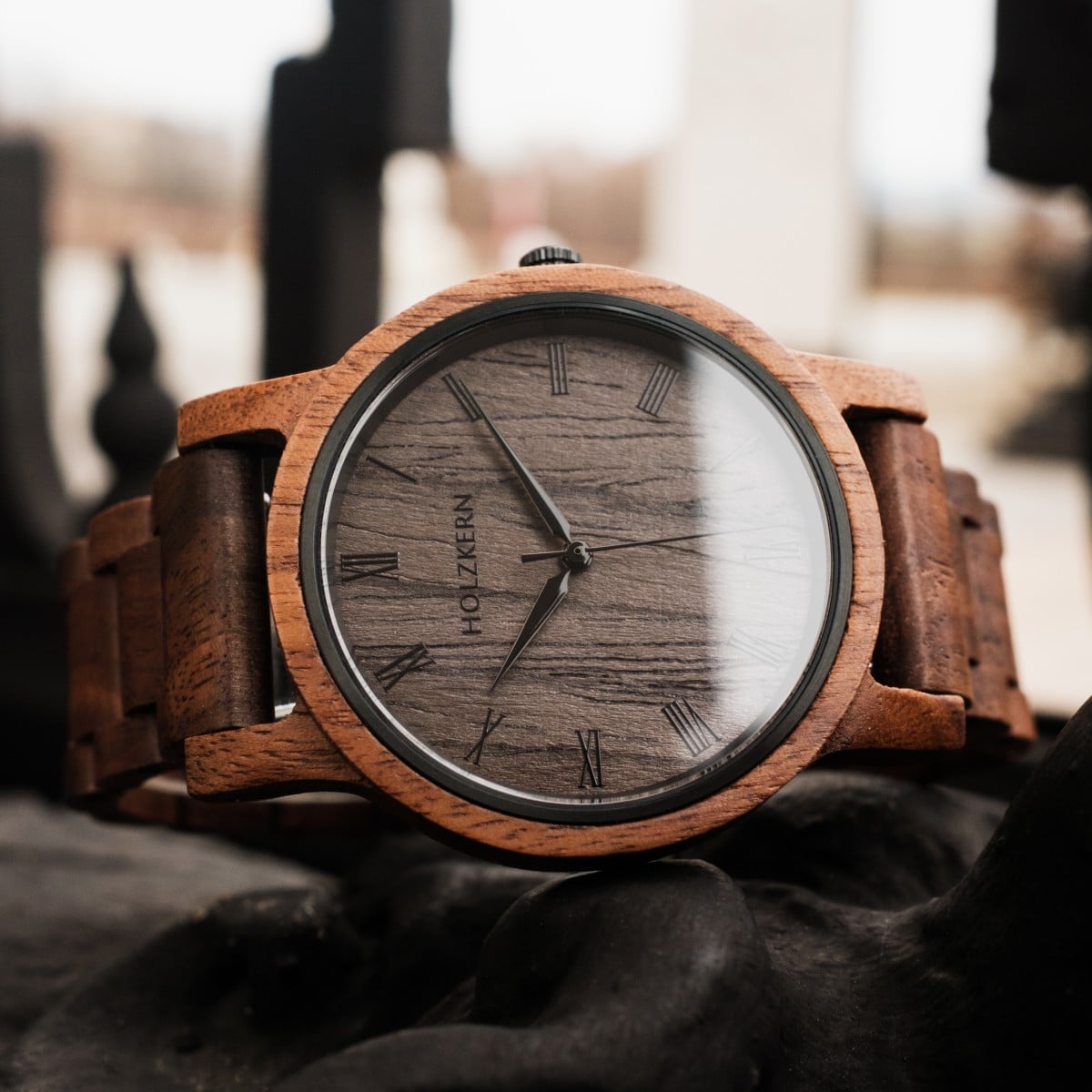 "Spring Evening" watch featuring a natural walnut and leadwood design with a rustic, elegant aesthetic.