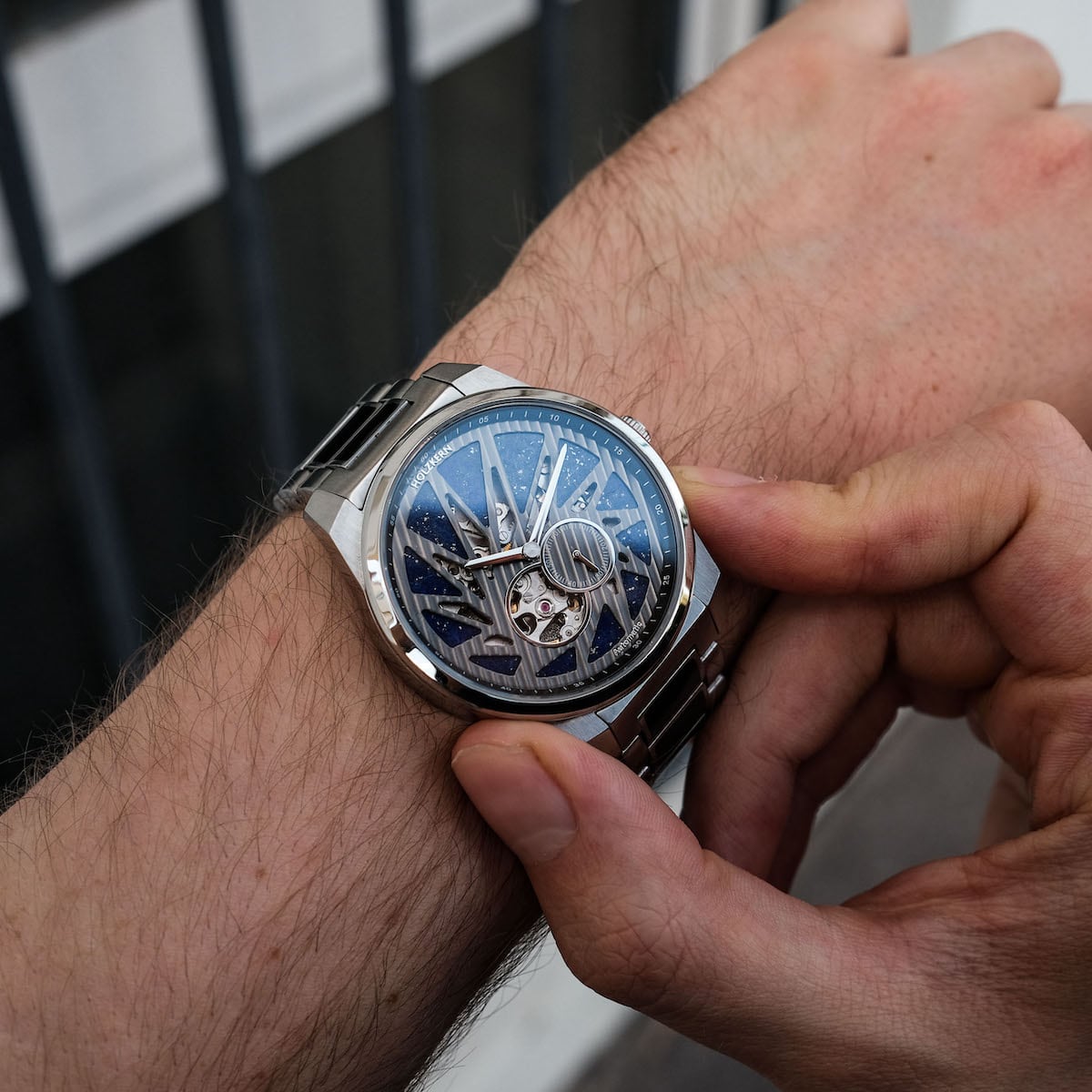 "Spikes watch featuring a lapis lazuli and maple design with a sleek, modern style."