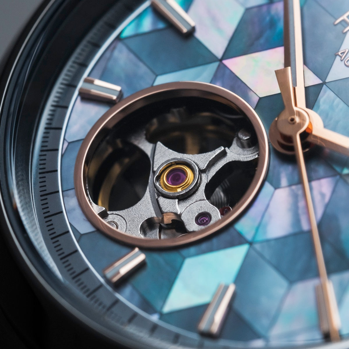 "Mirrordance" watch with nacre and ceramic style, showcasing intricate mechanisms and geometric patterns.