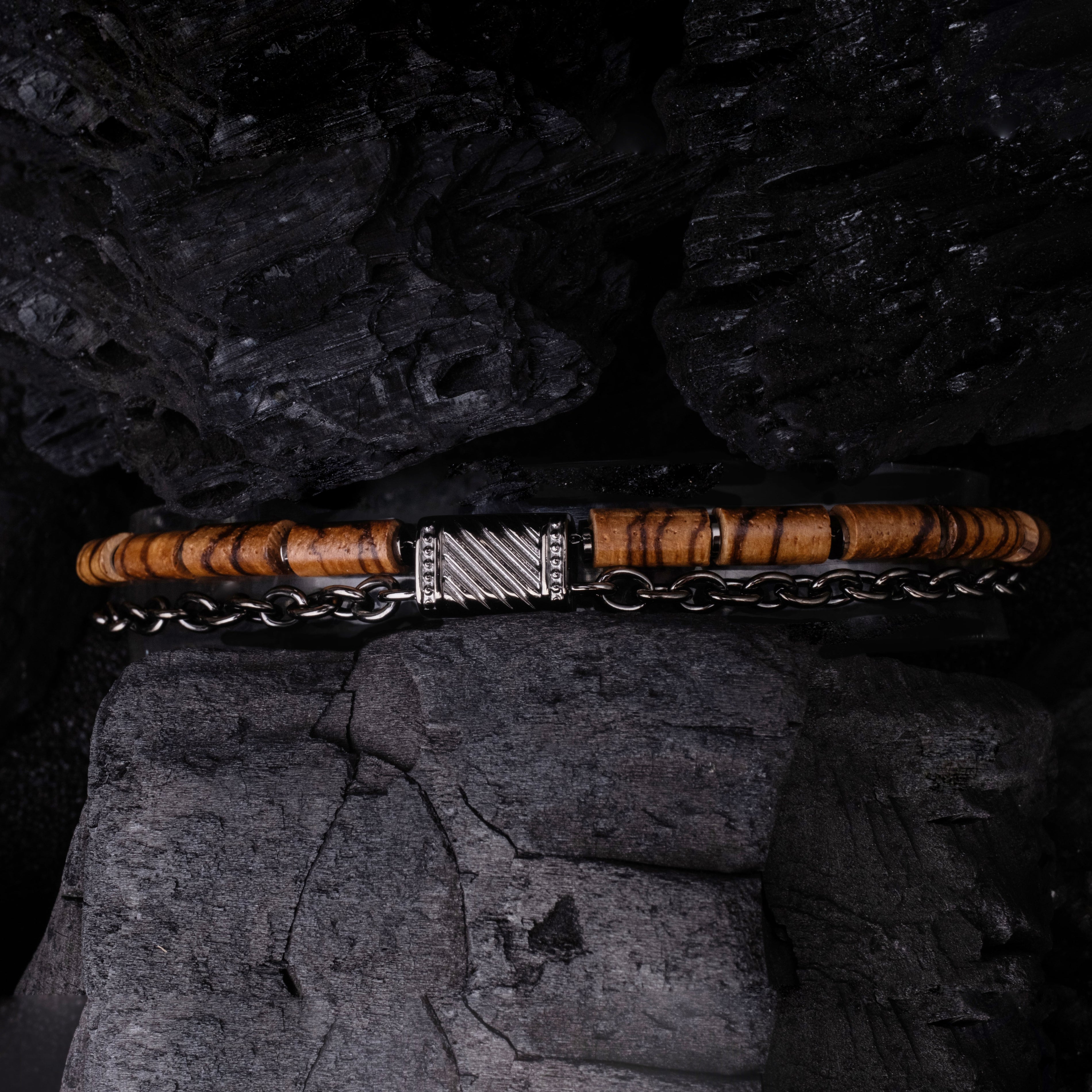 "Supersonic bracelet features a stylish zebrawood and gray design with a sleek, modern aesthetic."