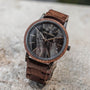 "Leonardo" watch featuring a walnut case and marble dial, showcasing a natural, elegant design.